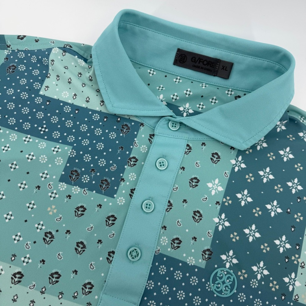 G/FORE Polo‎ Shirt Men XL Teal Patchwork Bandana Floral Stretch Golf Performance